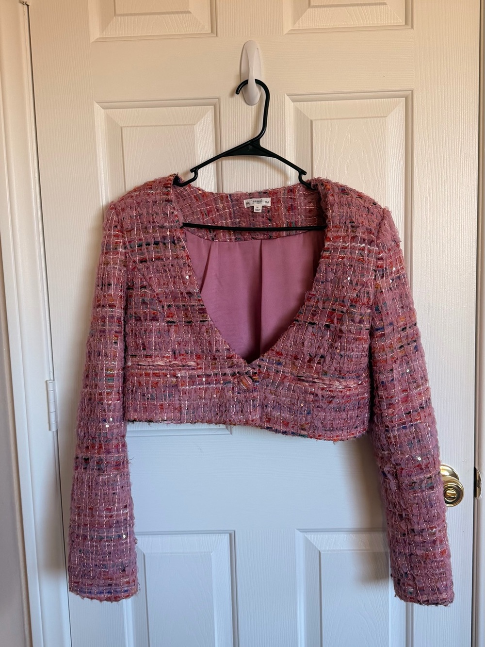 For Love & Lemons Pink Cropped Tweed V-Neck Blazer
